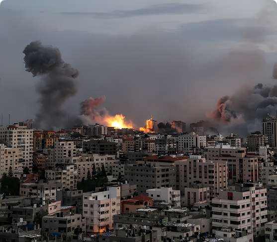 City skyline with smoke plumes
